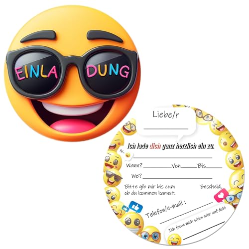 Generisch 15 x Smiley Einladungskarten Kindergeburtstag – Ø13,5 cm – Lustige runde Einladungskarten für Jungen & Mädchen, Geburtstagskarten mit fröhlichem Smiley-Design von Generisch