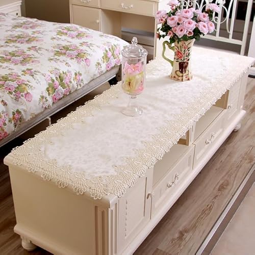 Elegante weiße rechteckige Tischdecke, 40 x 290 cm, bestickte Spitze, Tischdecke für TV-Schränke, Klaviere und mehr, hochwertiger Stoff, Staubschutz, europäischer Stil, Heimdekoration von Generisch