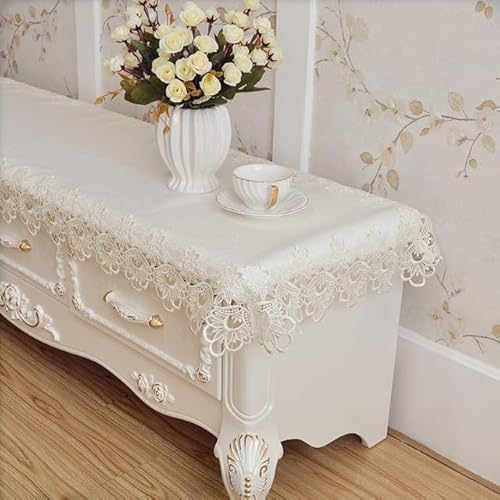 Elegante weiße rechteckige Tischdecke mit bestickter Spitze für Esszimmer, TV-Schrank, Klavier, Staubschutz, 40 x 290 cm, beige Stofftischdecke für europäische Wohnkultur von Generisch