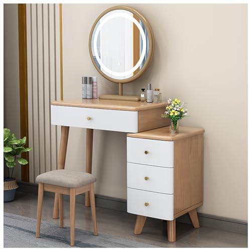 Eleganter Schminktisch aus Holz mit Spiegel, 3 Farben, 4 Schubladen, 60 x 40 x 76 cm, Klapphocker und Kommode (natürliche Farbe) – perfekte Beauty-Station für Make-up-Liebhaber von Generisch