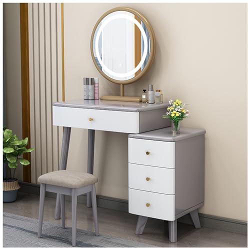 Eleganter Schminktisch aus Holz mit Spiegel, 3 Farben, 4 Schubladen, 60 x 40 x 76 cm, inklusive Hocker und einziehbarer Kommode (grau) – perfekte Beauty-Station für Make-up-Liebhaber. von Generisch