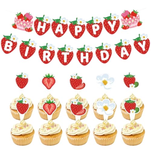 Erdbeer-Sommer-Obst-Themen-Geburtstagsparty-Dekor-Set mit hängenden Wirbelschildern, Banner und Kuchendekorationen für festliche Dekorationen (Banner + Kuchendekorationen) von Generisch