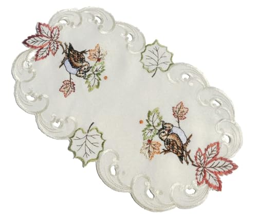 Eulen Blatt Tischläufer Tischdecke Mitteldecke Deckchen gestickt Creme (30x45 cm) von Generisch