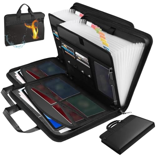 Expanding File Folder Organizer, Large Capacity A4 Fireproof Waterproof File Folder with Handle, Accordion Document Storage Bag with Zippers Colored Label Card (Black, 2pcs) von Generisch