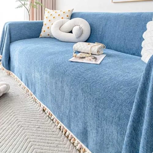 Extra große blaue Sofa-Überwurfdecke, 180 x 380 cm, gemütliche, große Überwürfe für 4-Sitzer-Sofas und Sofas, stilvolle Heimdekoration, weicher Plüschstoff, perfekt für Wohnzimmer von Generisch