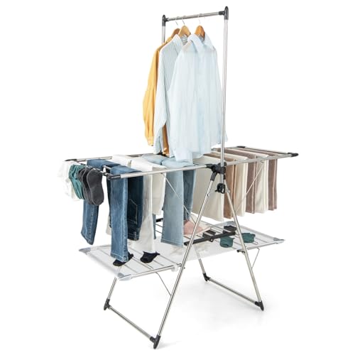 Faltbarer Wäscheständer, Wäscheständer, Flügeltrockner mit höhenverstellbaren Flügeln, hoher Kleiderbügel, Sockenclips, Netzstoff, Schuhhaken, Edelstahl, Wäschetrocknergestell Faltbarer Wäscheständer, Wäscheständer, Flügeltrockner mit höhenverstellbaren Flügeln, hoher Kleiderbügel, Sockenclips, Netzstoff, Schuhhaken, Edelstahl, Wäschetrocknergestell von Generisch
