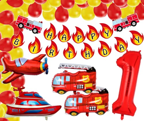 Feuerwehr 1. Party XXL Set Zahl 1 ROT 100 cm Auto Boot Flugzeug Folienballon 1. Geburtstag Feuerwehrmann 1 Jahre Deko Feuerwehrauto Ballon Sam Kinder Junge Fire Red fireman Feier (Zahl 1) von Generisch