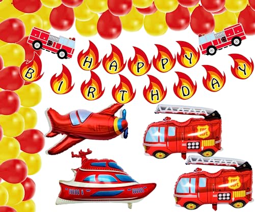 Feuerwehr Party XXL Set Auto Boot Flugzeug Folienballon Geburtstag Feuerwehrmann Deko Feuerwehrauto Ballon Sam Kinder Junge Fire Red fireman Feier (ohne Zahl) von Generisch