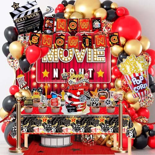 Filmnacht Party Dekorationen, 84 Stück Filmabend Partyzubehör – Filmnacht Luftballons Hintergrund Tischdecke Banner etc Filmnacht Geburtstag Dekorationen von Generisch
