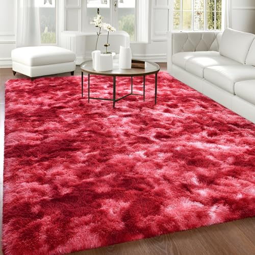 Flauschiger, batikfarbener Teppich, weicher zotteliger Plüsch-Teppich für Kinderzimmer, rutschfest, waschbar, Bodenmatte, niedliche Heimdekoration für Wohnzimmer und Schlafzimmer, 1,2 x 1,8 m, Weinrot Flauschiger, batikfarbener Teppich, weicher zotteliger Plüsch-Teppich für Kinderzimmer, rutschfest, waschbar, Bodenmatte, niedliche Heimdekoration für Wohnzimmer und Schlafzimmer, 1,2 x 1,8 m, Weinrot von Generisch
