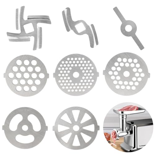 Fleischwolf-Aufsatz-Set, 8 Stück Gusseisen-Ersatzklingen und -platten, 55 mm, universelle Passform, Mahlzubehör mit Wursttrichter von Generisch