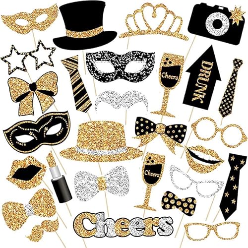 Foto Booth DIY Photo Props Kit für Hochzeit Photo Booth Fotobox Accessoires Geburtstage,Prop Dress-up Karneval Zubehör Party Dekoration ZubehörFotorequisiten Fotoaccessoires für witzige (Gold-30) von Generisch