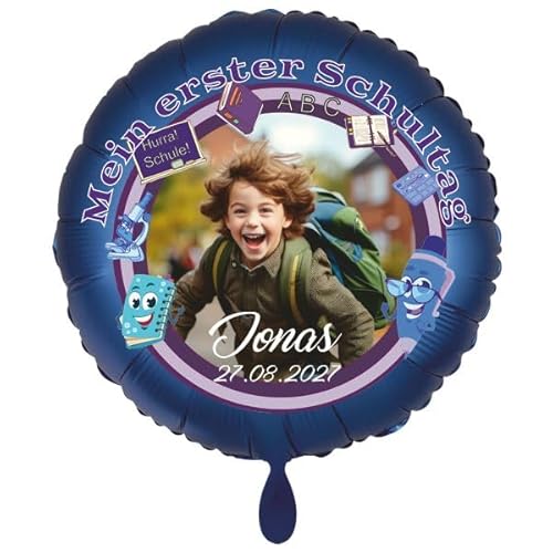 Fotoballon: Mein erster Schultag. Riesiger Folienballon Rund, Satin Blau, 70cm ohne Helium. von Generisch