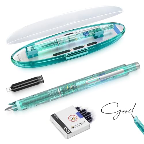 Fountain Pen Retractable, 2025 Neu Einziehbarer Füllfederhalter 0.38mm Blue&Black Ink Transparent Barrel, Füllfederhalter Einziehbar Retractable Fountain Pen mit 5 Ink Cartridges (Grün, Schwarz) von Generisch