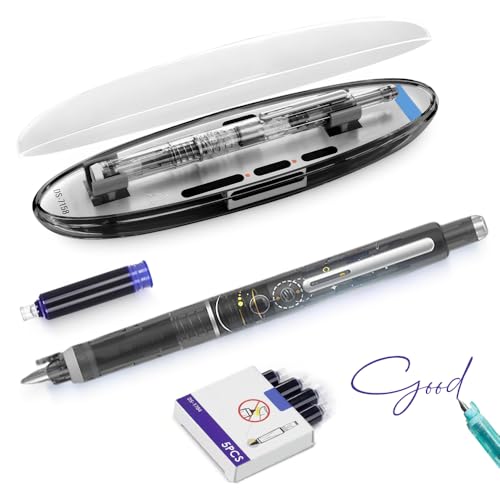 Fountain Pen Retractable, 2025 Neu Einziehbarer Füllfederhalter 0.38mm Blue&Black Ink Transparent Barrel, Füllfederhalter Einziehbar Retractable Fountain Pen mit 5 Ink Cartridges (Schwarz, Blau) von Generisch