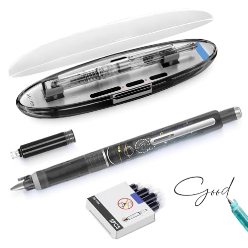 Fountain Pen Retractable, 2025 Neu Einziehbarer Füllfederhalter 0.38mm Blue&Black Ink Transparent Barrel, Füllfederhalter Einziehbar Retractable Fountain Pen mit 5 Ink Cartridges (Schwarz, Schwarz) von Generisch