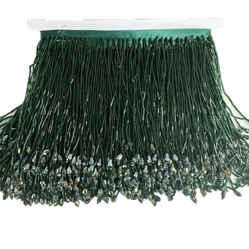Fransenbordüre mit Glasperlen, 15 cm breit, goldfarben, silberfarben, Perlenbesatz, für Bastelarbeiten, Kleider, Bastelmaterialien, Zubehör, Dunkelgrün von Generisch
