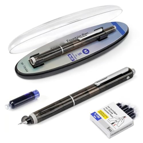 Füllfederhalter, einziehbar, 0,38 mm feine Feder mit blauen und schwarzen Tintenpatronen, transparenter Schaft, glattes Schreiben, für Schule, Büro, Journaling (schwarz) von Generisch