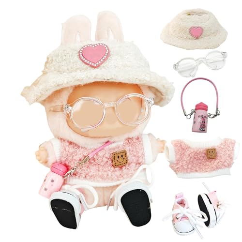 Fünfteiliges Set Puppenkleidung (keine Puppe) für 17 cm große Puppen, einschließlich Kleidung, Hüte, Hosen, Schuhe, Brillen, Haarnadeln, Kameras, Puppenzubehör (fünfteiliges Rosa) von Generisch