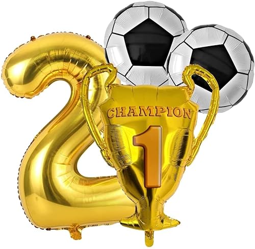 Fußball Geburtstag Party mit XL Zahl 2 Folienballon Gold Zahlen 2 Jahre Champion Fussball Pokal Ball Bälle Ballon Deko Dekoration Fußball Motoparty 2 Kindergeburtstag Jungen Mädchen (Zahl 2) von Generisch