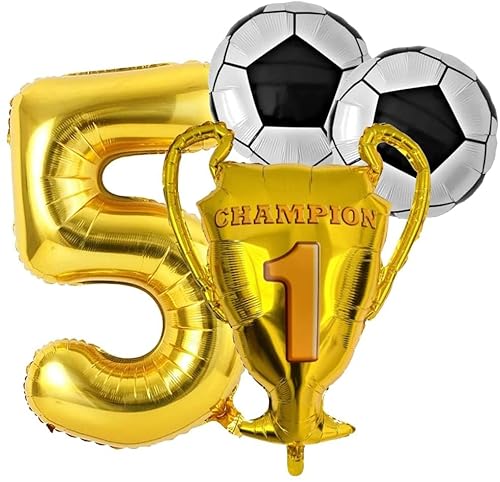 Fußball Geburtstag Party mit XL Zahl 5 Folienballon Gold Zahlen 5 Jahre Champion Fussball Pokal Ball Bälle Ballon Deko Dekoration Fußball Motoparty 5 Kindergeburtstag Jungen Mädchen (Zahl 5) von Generisch