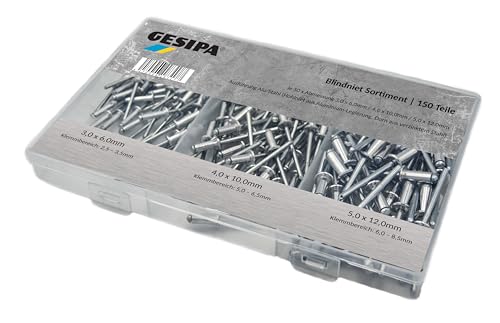 GESIPA | Blindnieten Set 150-tlg Alu/Stahl | Je 50 Stk. Ø 3x6, 4x10 und 5x12mm für Materialstärke: 5-9mm | Nieten in Industrie-Qualität | Popnieten, Blindnieten, Nietzange von den Profis von Generisch