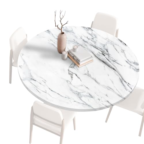 Generisch Runde Elastische 3D Marmordruck Tischdecke für Balkon, Garten, Esszimmer, Wohnzimmer - Wetterfest, Rutschfest, Abwaschbar - 80cm Durchmesser - Weiß von Generisch