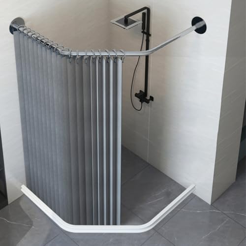 Gebogenes Duschvorhang-Set mit Edelstahlstange, wasserdicht & Magnetverschluss, Wasserspeicherstreifen, ideal für kleine Badezimmer (45-60×55×(45-60) cm) - Blau/Silber/Weiß von Generisch