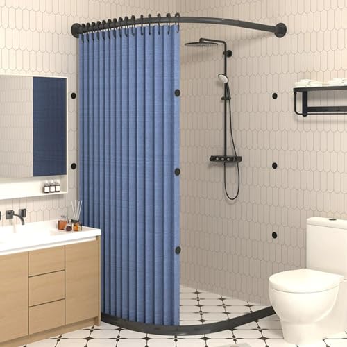 Gebogenes Duschvorhang-Set mit Magnetverschluss, wasserdicht, Ecktrennwand, verstellbare Stange und Wasserspeicherstange, 7085 x 8590 cm, Blau und Schwarz Gebogenes Duschvorhang-Set mit Magnetverschluss, wasserdicht, Ecktrennwand, verstellbare Stange und Wasserspeicherstange, 7085 x 8590 cm, Blau und Schwarz von Generisch