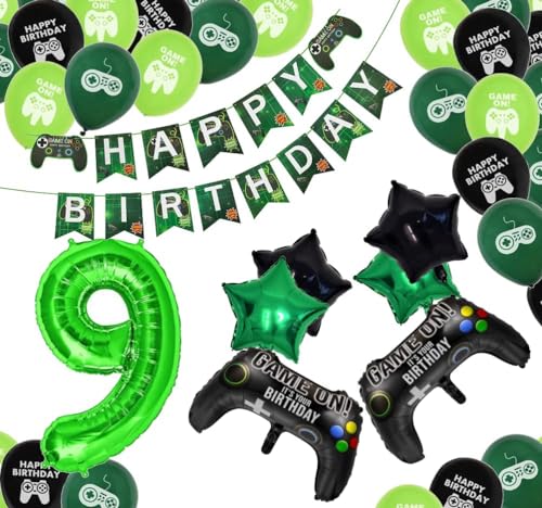 Geburtstag Gaming Deko mit Zahlenballon 9 Grün Folienballon Luftballon Ballon Spiel Konsole 9 Jahre Controller Videospiel Gamer Party Jungen Mädchen 9 Geburtstag Zocken Dekoration (Zahl 9) von Generisch