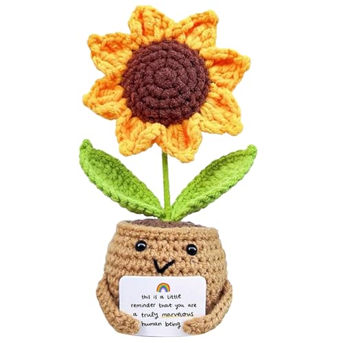 Gehäkelte Blumen, Pocket Hug Sonnenblumen, Handgefertigte Positive Häkelblumen, Gehäkelte Topfpflanze, Mutmacher Geschenk Mit Karte, Künstliche Blumen, 14x6x6cm, Diese von Generisch
