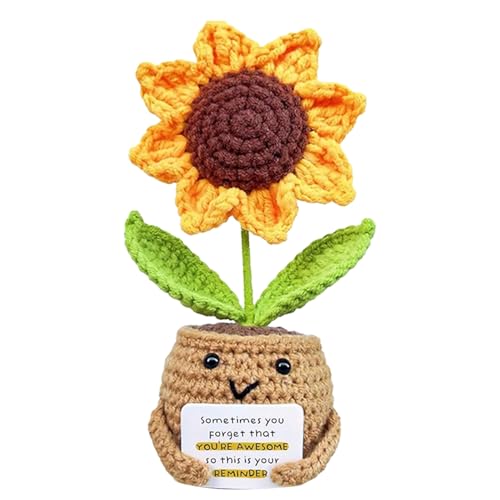 Gehäkelte Blumen, Pocket Hug Sonnenblumen, Handgefertigte Positive Häkelblumen, Gehäkelte Topfpflanze, Mutmacher Geschenk Mit Karte, Künstliche Blumen, 14x6x6cm, manchmal von Generisch