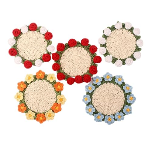 Gehäkelte Blumen-Untersetzer, Fertiger Rosenstrauß-Untersetzer, Mini-handgefertigter Häkelblumen-Untersetzer für die Heimdekoration (5pcs) von Generisch