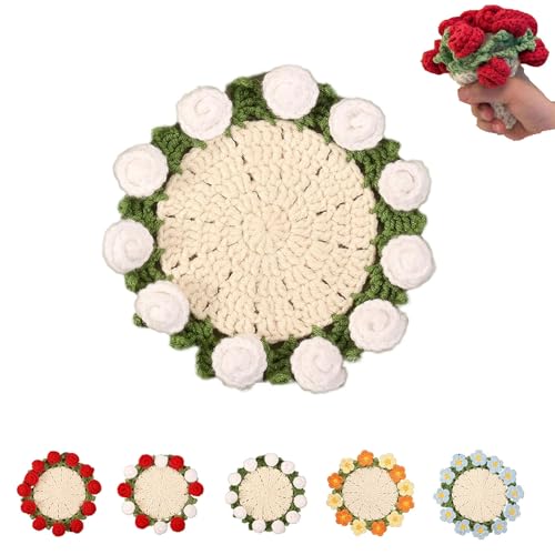 Gehäkelte Blumen-Untersetzer, Fertiger Rosenstrauß-Untersetzer, Mini-handgefertigter Häkelblumen-Untersetzer für die Heimdekoration (White) von Generisch