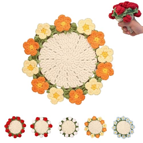 Gehäkelte Blumen-Untersetzer, Fertiger Rosenstrauß-Untersetzer, Mini-handgefertigter Häkelblumen-Untersetzer für die Heimdekoration (Yellow) von Generisch