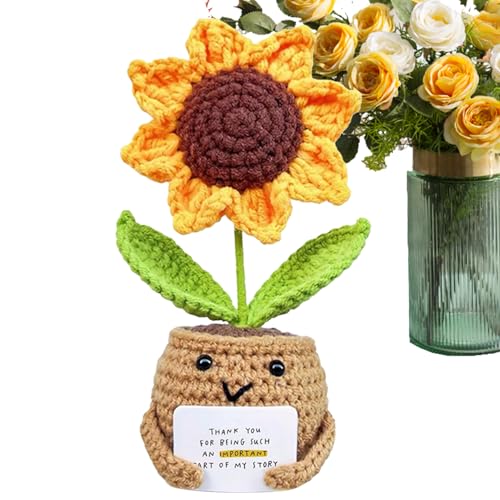 Gehäkelte Sonnenblume | Emotionale Unterstützung Blume | Niedliche Deko Häkelblume Geschenk | Handgemachtes Dekoaccessoire Aus Wolle Mit Positiver Botschaft, Ca. 14x6 cm Für Zimmer, Büro, Geschenke von Generisch