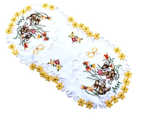 Gelbe Tulpen, Osterhasen, weiße Osterdecke, Tischläufer Tischdecke Mitteldecke (ca. 35x70 cm) von Generisch