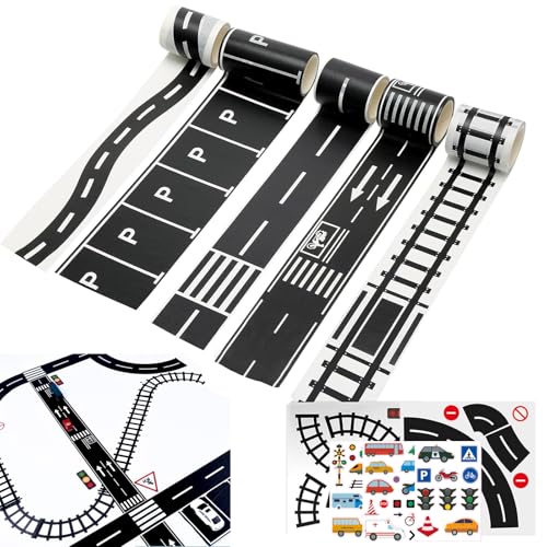 Generisch 10 Stück Straßenband, DIY Eisenbahn Straßenverkehrsband mit Verkehrszeichen Aufkleber, Eisenbahn Straßen Klebeband DIY Abnehmbar Aufkleber für Kinder Spielen und Lernen von Generisch