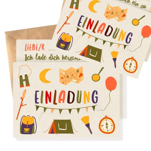 Generisch 12x EINLADUNGSKARTEN Kindergeburtstag – Einladungskarten Outdoor Kindergeburtstag, Einladungskarten Schnitzeljagt, Schatzsuche, Einladung Zelten, Gartenparty, Übernachtung, Waldgeburtstag von Generisch