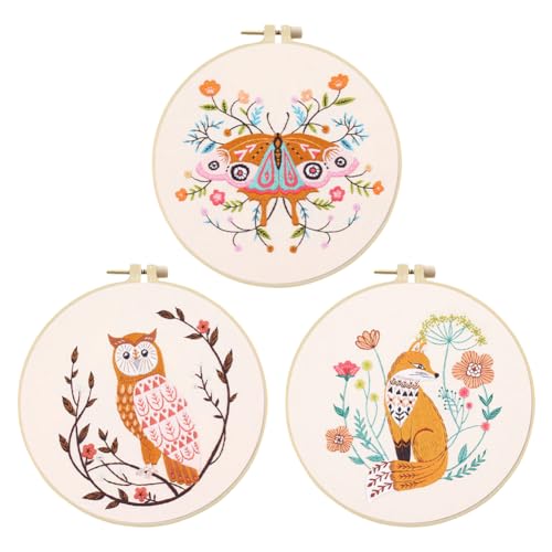 Generisch 3 Stück Stickset für Anfänger,Sticken Set Erwachsene,Blumenmuster Sticken Set Erwachsene Stickerei Set mit Bambus Stickrahmen und Werkzeuge,für DIY Kunst,Handwerk-Schmetterling Eule Fuchs von Generisch