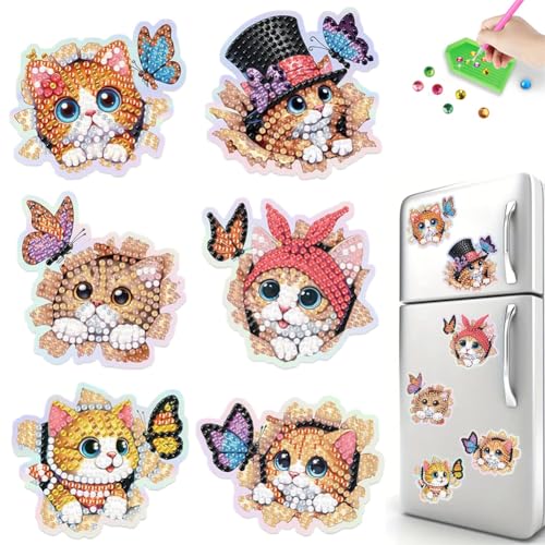Generisch 6 Stück Diamond Painting Magnete Kühlschrank,Diamant Malerei Kühlschrankmagnete,Kunsthandwerk für Anfänger und Erwachsene,für Whiteboard,Pinnwand,Magnettafel-Schmetterlings kätzchen von Generisch