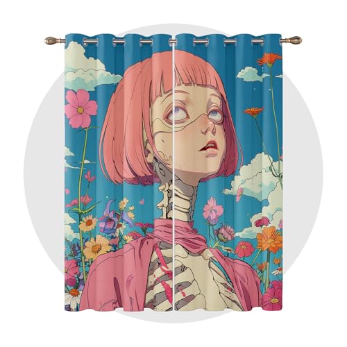 Generisch Anime Deko Gaming - Vorhänge Anime - Gothic Skelett Mädchen Fenster Gardinen mit Ösen, Vorhang Blickdicht Verdunklungsvorhänge Thermovorhang 2er Set, H 220 x B 140 cm, A#-63 von Generisch