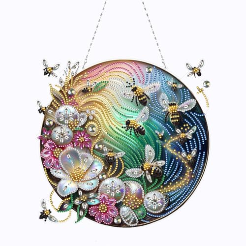 Generisch Bienen blume Diamond Painting Fensterbilder, Tier DIY 5D Doppelseitiges Kristall Diamant Malerei Windspiel, Anhänger Bastelset Diamanten Painting Erwachsene für dekorationen von Generisch