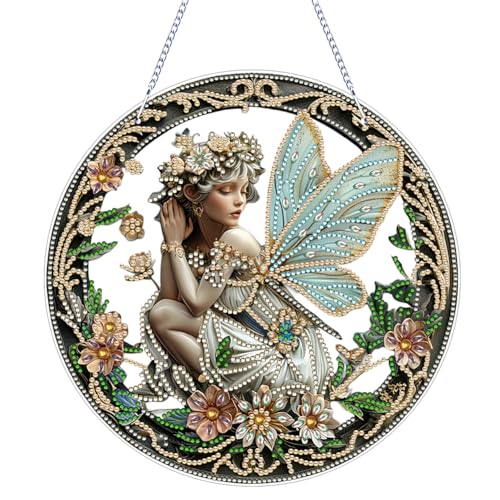 Generisch DIY Fee Diamond Painting Anhänger mit Kette, Diamant Painting Fensterbilder, hängender Sonnenfänger, 5D Diamond Malerei Wandbehang Kits für Fenster Wand Eingang Garten Decor von Generisch