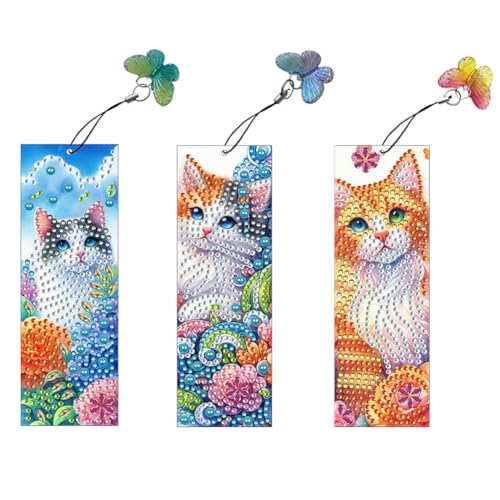 Generisch Diamond Painting Lesezeichen 3 Stück, Diamant Malerei, DIY Bastelset Mit Kristall Schmetterling Anhänger, Mädchen Bastelset, Geschenk für Weihnachten, Neujahr-Katzen von Generisch
