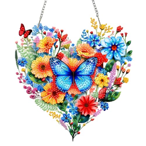 Generisch Diamond Painting Türkranz mit Kette,Diamond Painting Anhänger,Diamantmalerei Schmetterling Vogel Herz,Diamant Malerei Fensterbilder,Wandbehang Kits für Fenster Eingang Decor-Schmetterlinge von Generisch