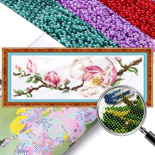 Generisch Diy Perlenstickerei Set Blumen Perlenstickerei Kit Nadelspitzen Kits Perlen Kreuzstich Stickpackung Stickbilder Kreuzstich mit Perlen 3D Perlen Malerei Handarbeit-Kapok 46x18cm von Generisch