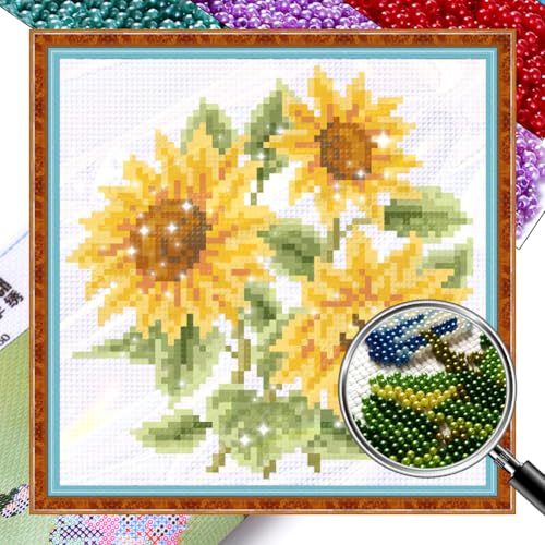Generisch Diy Perlenstickerei Set Blumen Perlenstickerei Kit Nadelspitzen Kits Perlen Kreuzstich Stickpackung Stickbilder Kreuzstich mit Perlen 3D Perlen Malerei Handarbeit-Sonnenblume 19x19cm von Generisch