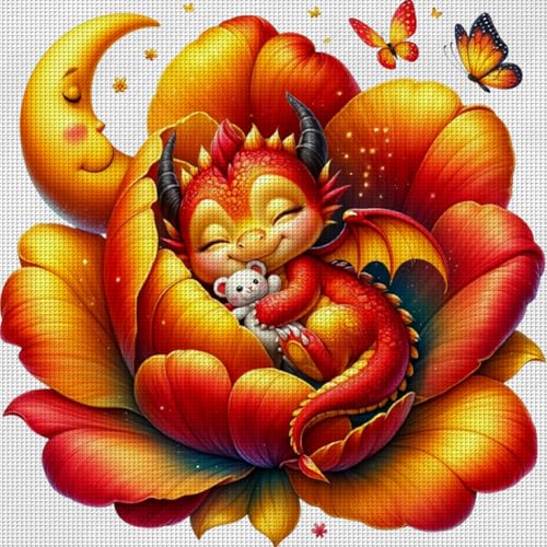 Generisch Drachen Kreuzstich Set Stickpackungen Vorgedruckt Erwachsene, 14CT Stickvorlagen Kreuzstich Stickpackung Sticken Stickbild Set für Erwachsene Anfänger 50x50cm-orange von Generisch
