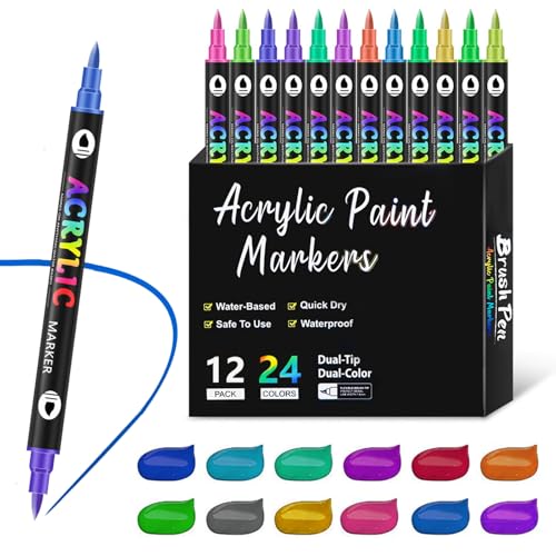 Generisch Dual Tip Acrylic Paint Pen Marker, 24/48/72/120 Colors Dual Tip Acrylic Paint Pens Set, Paint Markers for Rock Painting, Wood, Plastic, Fabric Painting and Diy Crafts (24 colors) von Generisch